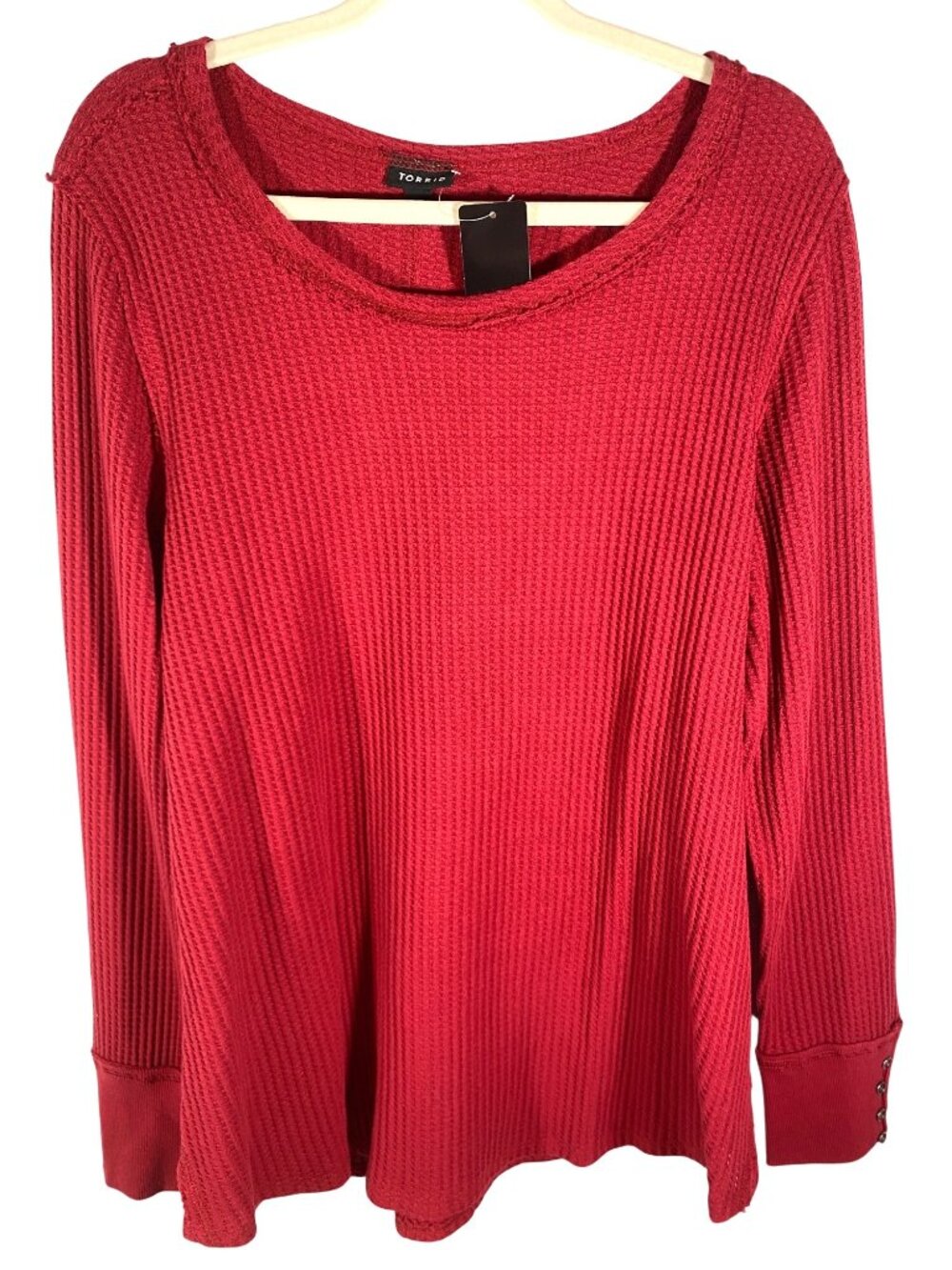 Torrid Womens waffle knit Rhubarb Red Cotton Crew Neck Long Sleeve Top 2X 18-20